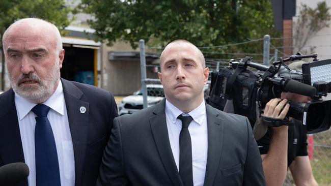 SYDNEY, AUSTRALIA, NewsWire Photos. DECEMBER 13, 2023. Ryan Barlow, right, with lawyer Brent Haverfield leaving Blacktown Local Court . Picture: NCA NewsWire/ Nathan Schmidt