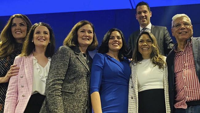 Peta Credlin, Claire Chandler, Sarah Henderson, Moira Deeming, Jacinta Nampijinpa Price, Warren Mundine and (rear) Alex Antic. The group was photographed together at a Liberal Party fundraiser in Melbourne's west on Saturday.