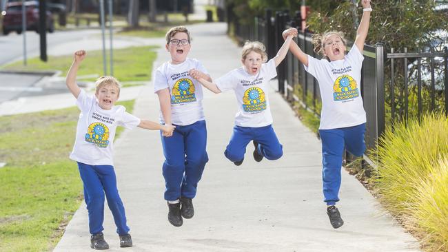 Liam, Lucas, Ruby and Ruby get ready for National Walk to School Day at Mernda Park primary school. Picture: Rob Leeson.