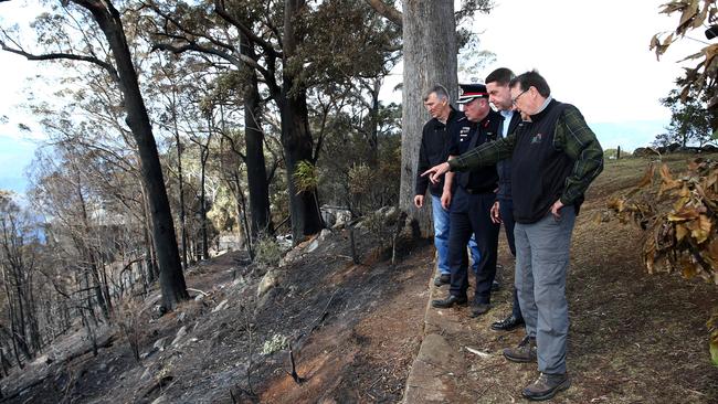 Minister Cameron Dick, Assistant Commissioner Kevin Walsh, Scenic Rim Mayor Greg Christensen, and Steve Noakes from Binna Burra Lodge visit there burnt out site of the Binna Burra Lodge. Picture: Adam Head