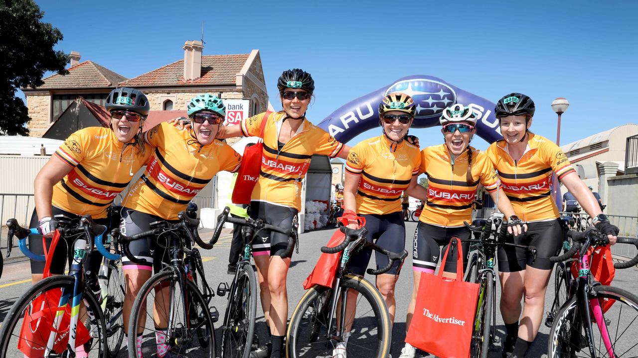 (L to R) Amanda Clark, Nikki Clark, Eva Van Drumpt, Molly Taylor, Charlotte Rees, and Kristin Reilly, crossed the line together after riding from Myponga. (AAP Image/Dean Martin)