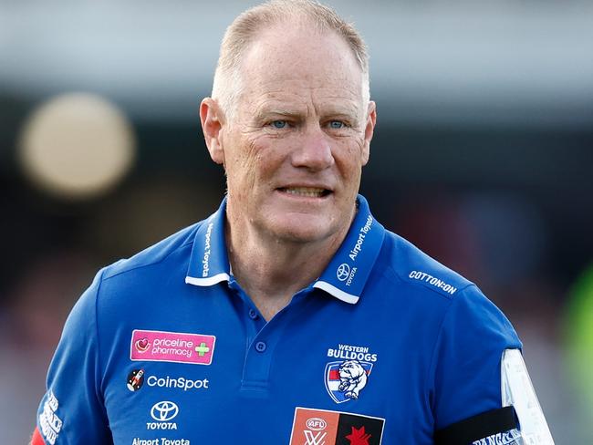 MELBOURNE, AUSTRALIA - OCTOBER 06: Nathan Burke, Senior Coach of the Western Bulldogs looks on during the 2023 AFLW Round 06 match between the Western Bulldogs and the Carlton Blues at Whitten Oval on October 06, 2023 in Melbourne, Australia. (Photo by Michael Willson/AFL Photos via Getty Images)