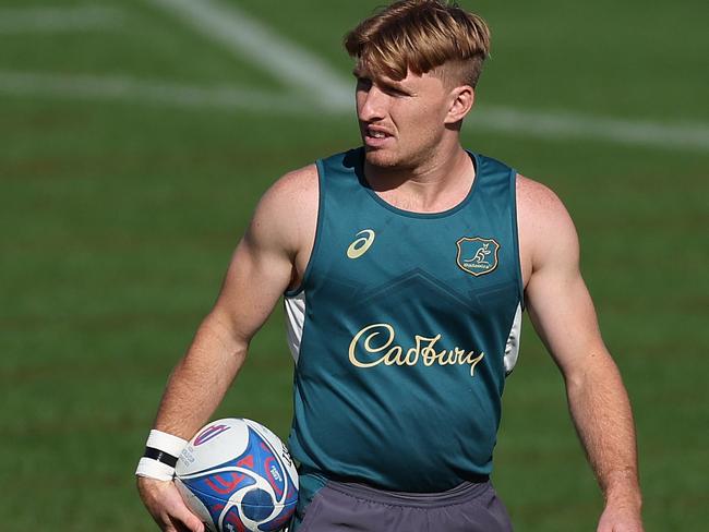 SAINT-ETIENNE, FRANCE - SEPTEMBER 20: Tate McDermott looks on during a Wallabies training session ahead of the Rugby World Cup France 2023, at Stade Roger Baudras on September 20, 2023 in Saint-Etienne, France. (Photo by Chris Hyde/Getty Images)