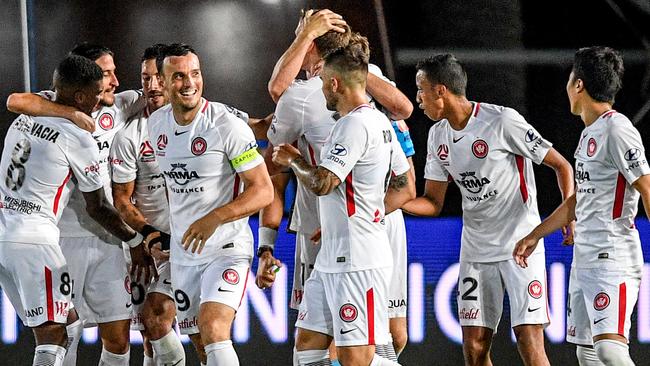 Wanderers players celebrates after Alvaro Cejudo scored against the Mariners on Saturday night.
