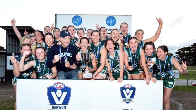 Women's Div 1 grand final: Geelong Amateur v Grovedale. Geelong Amateur player celebrate after winning the GF.