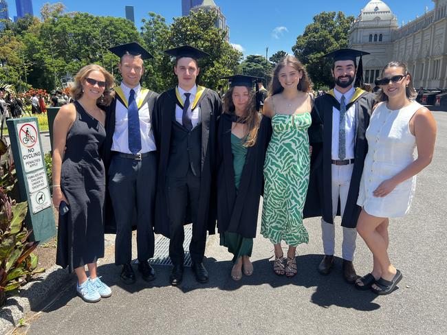 Sophie O’Connor (Master of Environment), Ben Pompe (Master of Civil Engineering) Will Vinnicombe (Master of Civil Engineering), Jessica Ratcliff (Master of Civil Engineering), Maggie Grigg (Master of Environmental Engineering) and Michael Belbruno (Master of Civil Engineering) at the University of Melbourne graduations held at the Royal Exhibition Building on Friday, December 13, 2024. Picture: Jack Colantuono