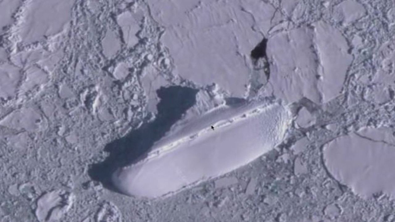 A shape that looks like a ship in the ice as seen on Google Earth and posted on YouTube. Picture: YouTube/MRMBBB333