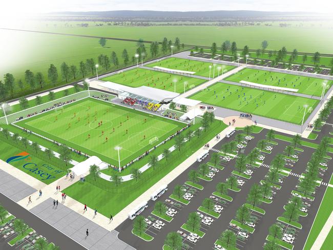 City of Casey plans for its Casey Soccer Centre of Excellence at Casey Fields which could house an A-League team from Melbourne's south-east. Main A-League training pitch at the front and further training pitches at the back for W-League and junior sides as well as local clubs