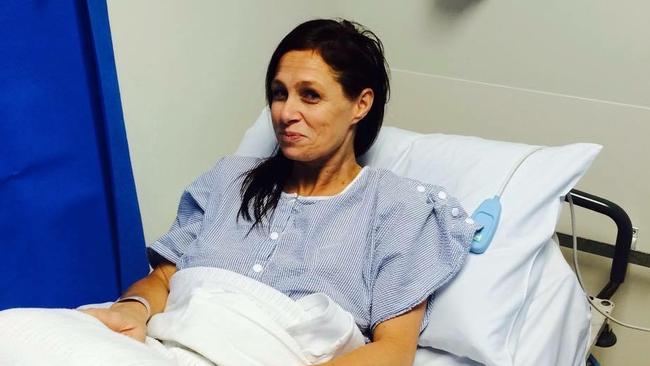 Singer songwriter Kasey Chambers is pictured in hospital after having throat surgery. Picture: Facebook