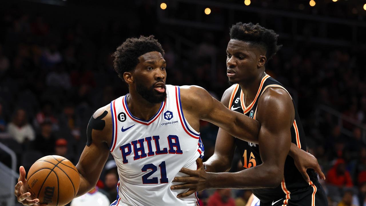 ATLANTA, GA - NOVEMBER 10: Joel Embiid #21 of the Philadelphia 76ers battles Clint Capela #15 of the Atlanta Hawks during the second half at State Farm Arena on November 10, 2022 in Atlanta, Georgia. NOTE TO USER: User expressly acknowledges and agrees that, by downloading and or using this photograph, User is consenting to the terms and conditions of the Getty Images License Agreement. (Photo by Todd Kirkland/Getty Images)