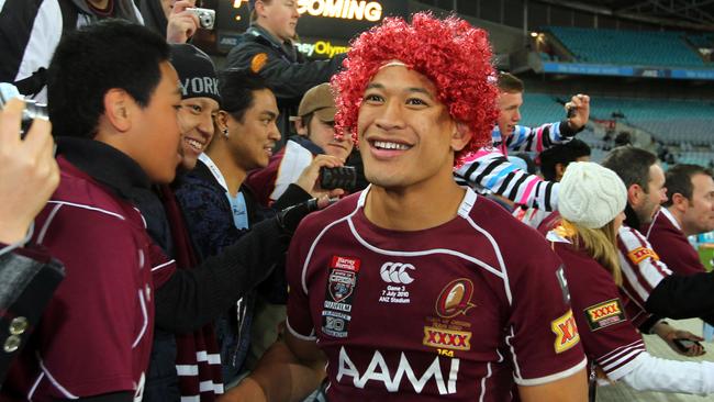 Israel Folau celebrates a Queensland State of Origin win in 2010.