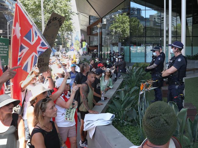 Protesters gathered outside Victorian Police headquarters. Photo: NCA NewsWire / David Crosling