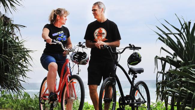 Sheridan and Terry Bosworth from Syorm Cycles at Tugun. Photo: Scott Powick Newscorp