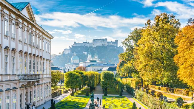 Mirabell Gardens looking towards the fortress in Salzburg, Austria.