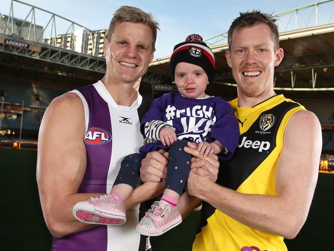 Nick Riewoldt and cousin and Richmond’s Jack Riewoldt prepare for Maddies Match at Etihad Stadium. Picture: Michael Klein.