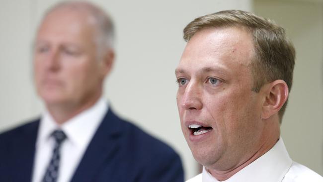 Queensland Health Minister Steven Miles (right) and director-general Dr John Wakefield. Picture: Steve Pohlner/AAP