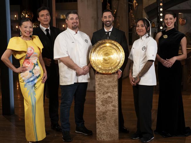 Contestants Josh "Pezza" Perry Nat Thaipun with judges Andy Allen, Poh Ling Yeow, Jean-Christophe Novelli and Sofia Levin during the MasterChef 2024 Grand Finale. Picture: Supplied.