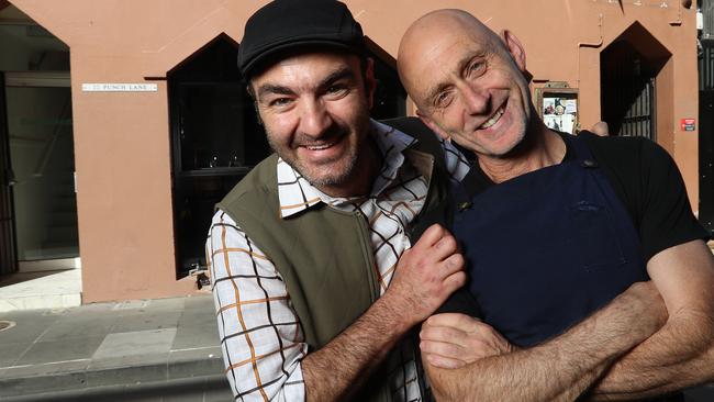 Joseph Abboud and Ari Vlassopoulos outside their restaurant Bar Saracen in Punch Lane. Picture: Alex Coppel.