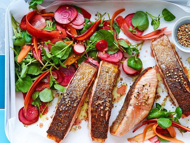 Seared salmon with pickled vegetable and watercress salad.