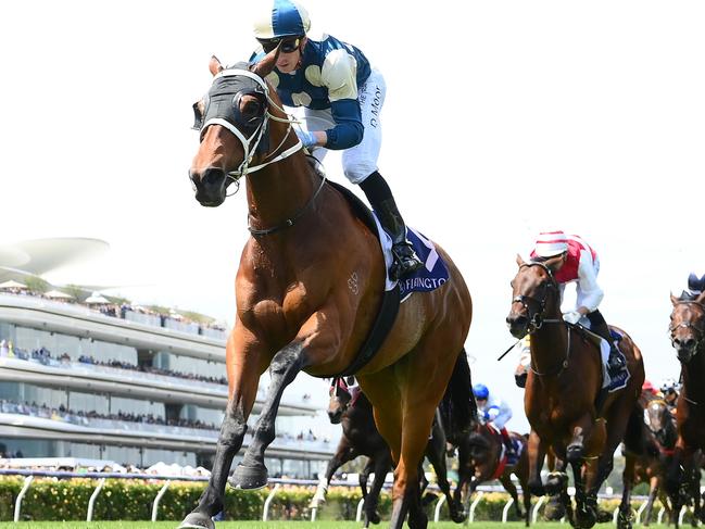 MELBOURNE, AUSTRALIA - NOVEMBER 11: Daniel Moor riding Muramasa wins the Queen Elizabeth Stakes during Stakes Day at Flemington Racecourse on November 11, 2023 in Melbourne, Australia. (Photo by Quinn Rooney/Getty Images)