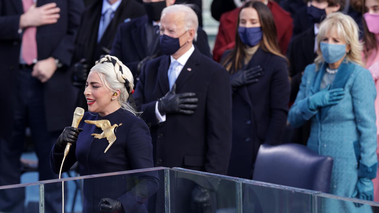 Lady Gaga sings the National Anthem at the inauguration of Joe Biden. Picture: Getty Images