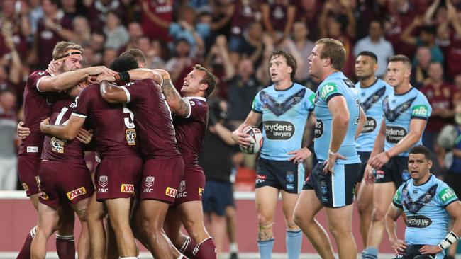 QLD's Harry Grant scores. . Queensland vs New South Wales during game 3 of the State of Origin series in Brisbane. Pic Peter Wallis