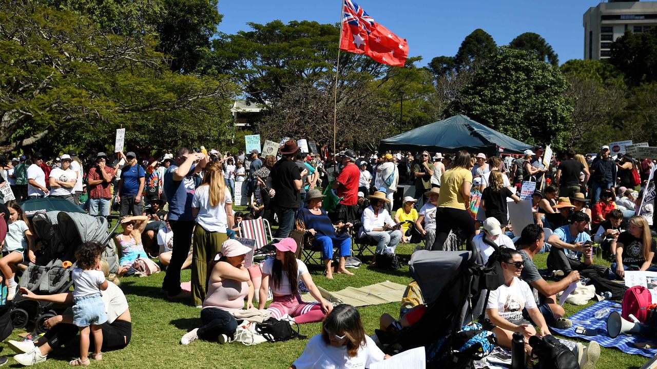 A crowd of demonstrators are protesting against Covid vaccinations and lockdowns in Brisbane. Picture: NCA NewsWire / Dan Peled