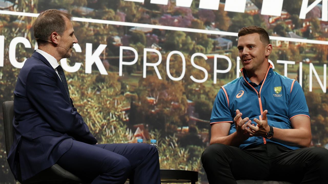 Australian cricketer Josh Hazlewood speaking with Ben English. Picture: Jonathan Ng