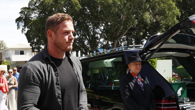 George Burgess during the funeral for Souths legend John Sattler on the Gold Coast. Picture: NCA NewsWire/Tertius Pickard