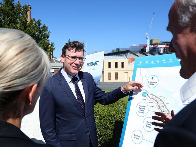 Minister for Cities Alan Tudge, Attorney-General Elise Archer and Senator for Tasmania Eric Abetz in Hobart for further details of the City Deal. Picture: NIKKI DAVIS-JONES