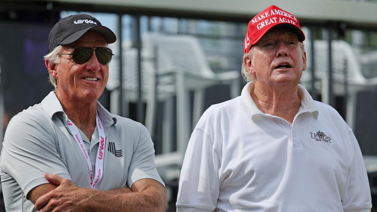 BEDMINSTER, NEW JERSEY - JULY 28: Greg Norman, CEO and commissioner of LIV Golf, talks with former U.S. President Donald Trump on the first tee during the pro-am prior to the LIV Golf Invitational - Bedminster at Trump National Golf Club Bedminster on July 28, 2022 in Bedminster, New Jersey. (Photo by Jonathan Ferrey/LIV Golf via Getty Images)