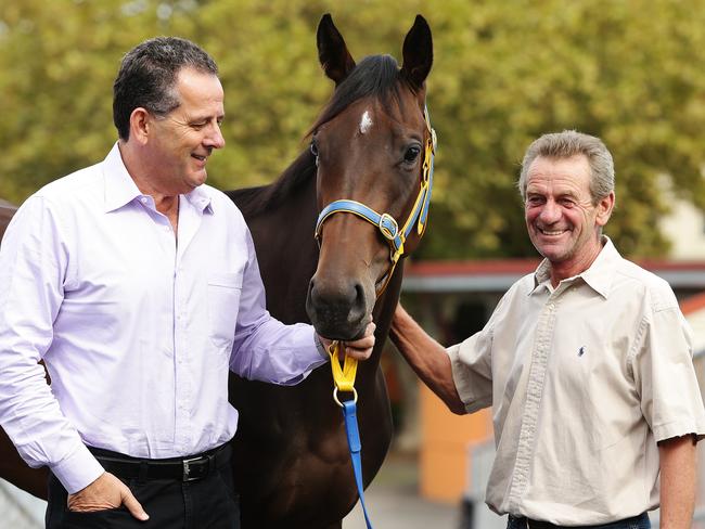 Trainer Gerald Ryan and owner John Camilleri with Golden Slipper horse Fireworks. Picture: Brett Costello