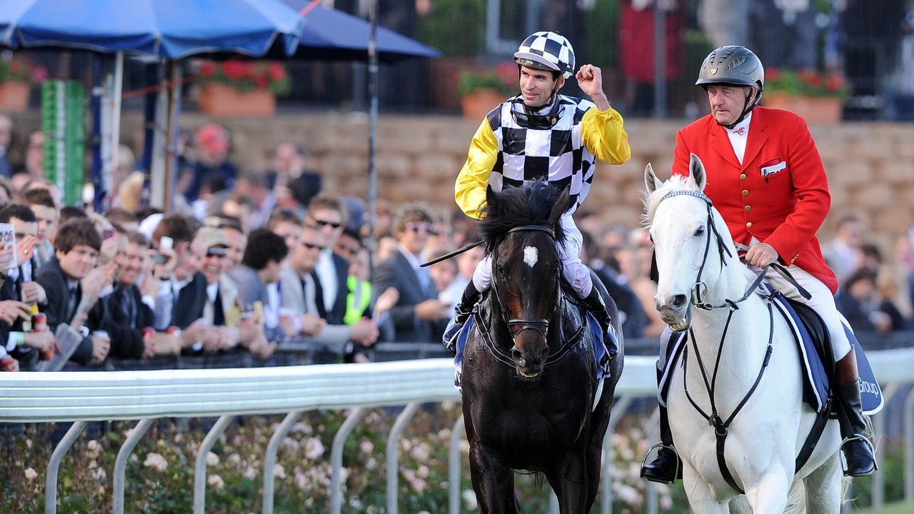 2010 Cox Plate. Moonee Valley. Steven Arnold celebrates after he won on So You Think.