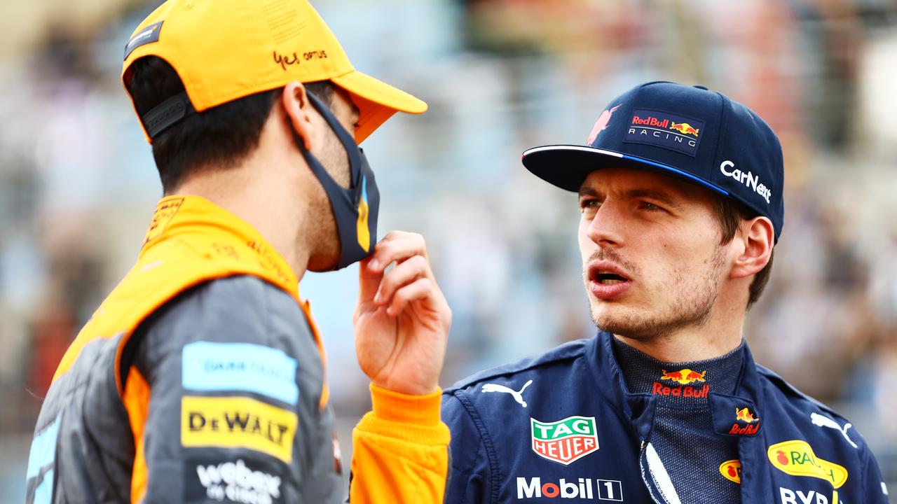 Max Verstappen talks with Daniel Ricciardo. Photo by Mark Thompson/Getty Images