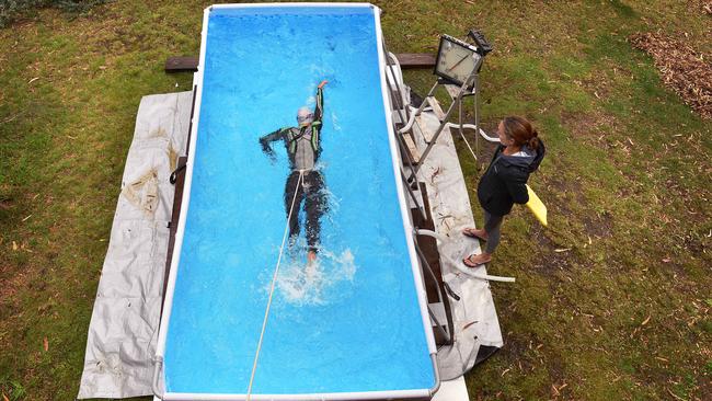 Hogan has an above ground pool where she swims on the spot as she is tethered by the waist Picture: Nicki Connolly.