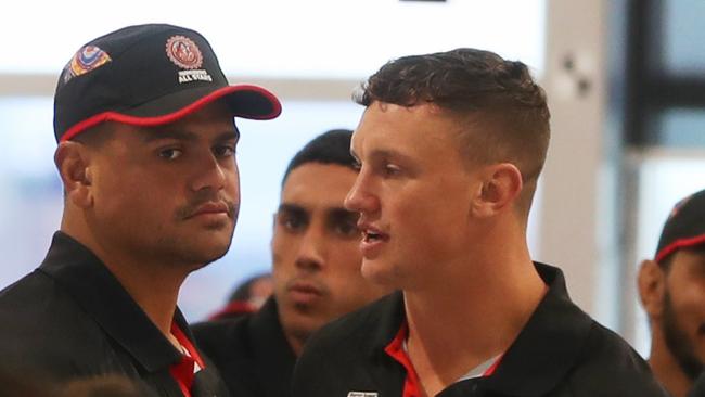Daily Telegraph February 6/2/23. Latrell Mitchell and Jack Wighton at Sydney airport checking in before a flight to New Zealand .picture John Grainger
