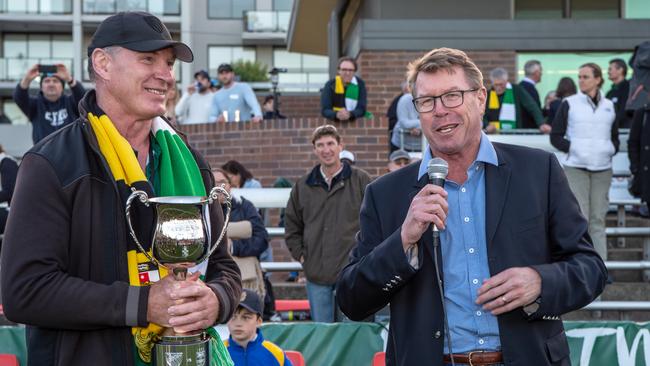 Simon Poidevin, left, and Nick Farr-Jones were the only captains exclusively from the amateur era who signed the letter calling for change at Rugby Australia. Picture: AAP