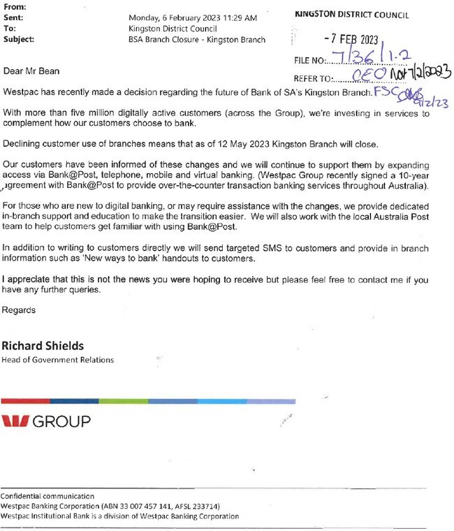 Westpac branch closure email to Mr Bean.