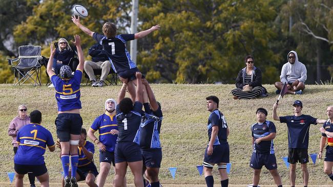 SJRU's Harry Agar and CCC's William Brisbane at the top of the line out in a trial match in June. Pic: John Appleyard