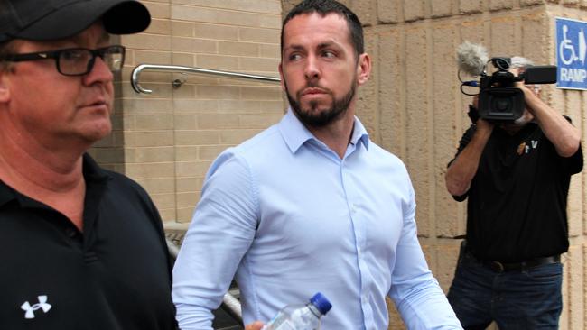 Zachary Rolfe outside the Alice Springs Local Court during the coronial inquest into Kumanjayi Walker’s death. Picture: Jason Walls