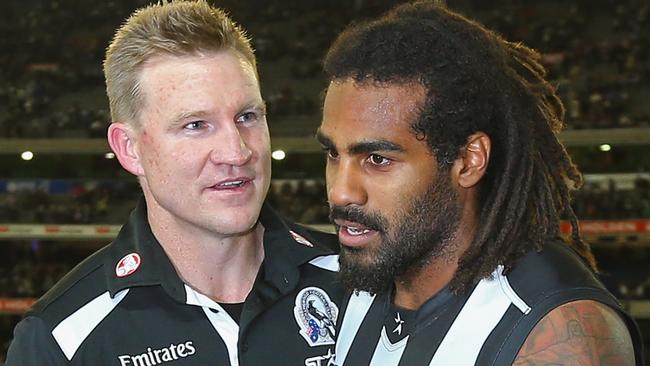 Nathan Buckley and Heritier Lumumba — then O’Brien — after a win in 2013. Picture: Getty Images
