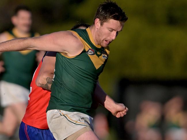 Old Eltham CollegiansÃ Eden Simpson during the NFNL Mernda v Old Eltham Collegians football match in Mernda, Saturday, June 24, 2023. Picture: Andy Brownbill