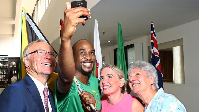 Dalton Myers from Jamaica takes a selfie with Goldoc chairman Peter Beattie, Games Minister Kate Jones and Commonwealth Games Federation President Louise Martin ... Picture Glenn Hampson