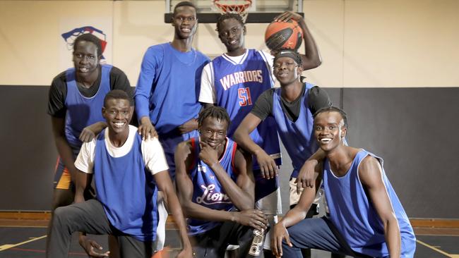 Central Districts' men's Premier League basketball team is the surprise packet of the competition this season, led by a group of African-born players. (Front, L-R) Lwal Diing, Anyang Garang, Dut Bol. (Back, L-R) Angok Anyang, Magok Manyang, Chol Luk, Isaac Atuer. Picture: Dean Martin