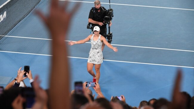 Barty thanks the crowd inside Rod Laver Arena who she credited for pushing her to play her best tennis against Collins. Picture: James D. Morgan/Getty Images