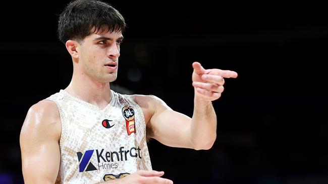 SYDNEY, AUSTRALIA - JANUARY 12: Taran Armstrong of the Taipans gestures to a team mate during the round 16 NBL match between Sydney Kings and Cairns Taipans at Qudos Bank Arena, on January 12, 2025, in Sydney, Australia. (Photo by Mark Kolbe Photography/Getty Images)