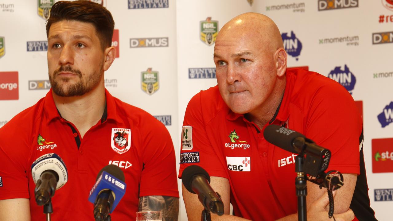 Injured Dragons captain Gareth Widdop and coach Paul McGregor.