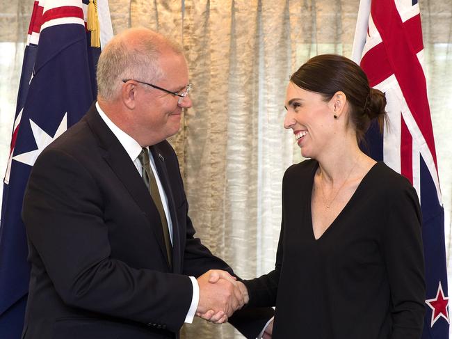 Australian Prime Minister Scott Morrison (left) and New Zealand Prime Minister Jacinda Ardern meet for bilateral talks following the National Remembrance Service for those killed in the Al Noor Mosque and the Linwood Islamic Centre shootings in Christchurch, New Zealand, March 29 2019. (AAP Image/Martin Hunter) NO ARCHIVING