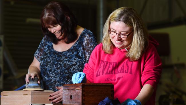 Eileen Schnabel and Michelle Marsiglia with jewellery boxes they have made through Vision Australia’s Introduction to Furniture Making course. Picture: Josie Hayden