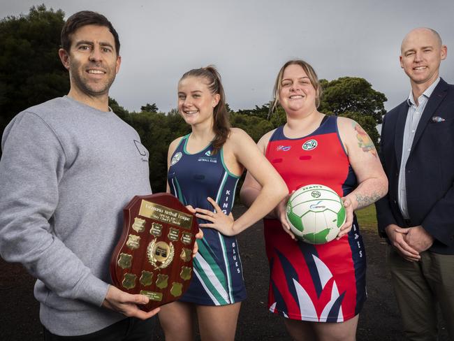 Players with Netball Tasmania CEO Mitch Coulson. He’s keen to see an SSN team in the state. Picture: Chris Kidd